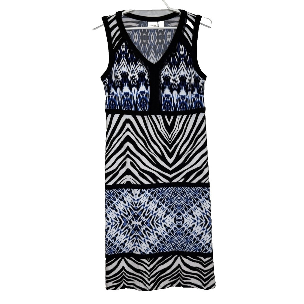 Chico's Sheath Dress Size 0 Small Black White Blue Mixed Print V-Neck Sleeveless